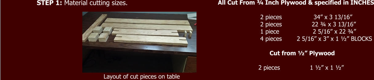 All Cut From ¾ Inch Plywood & specified in INCHES                                                                                                                                             2 pieces                 34” x 3 13/16”                                                                                                                                            2 pieces                22 ¾ x 3 13/16”                                                                                                                                            1 piece                  2 5/16” x 22 ¾”                                                                                                                                            4 pieces        2 5/16” x 3” x 1 ½” BLOCKS                                                                                                                                                  Cut from ½” Plywood                                                                                                                                                                                                                             2 pieces                1 ½” x 1 ½”           Layout of cut pieces on table STEP 1: Material cutting sizes.